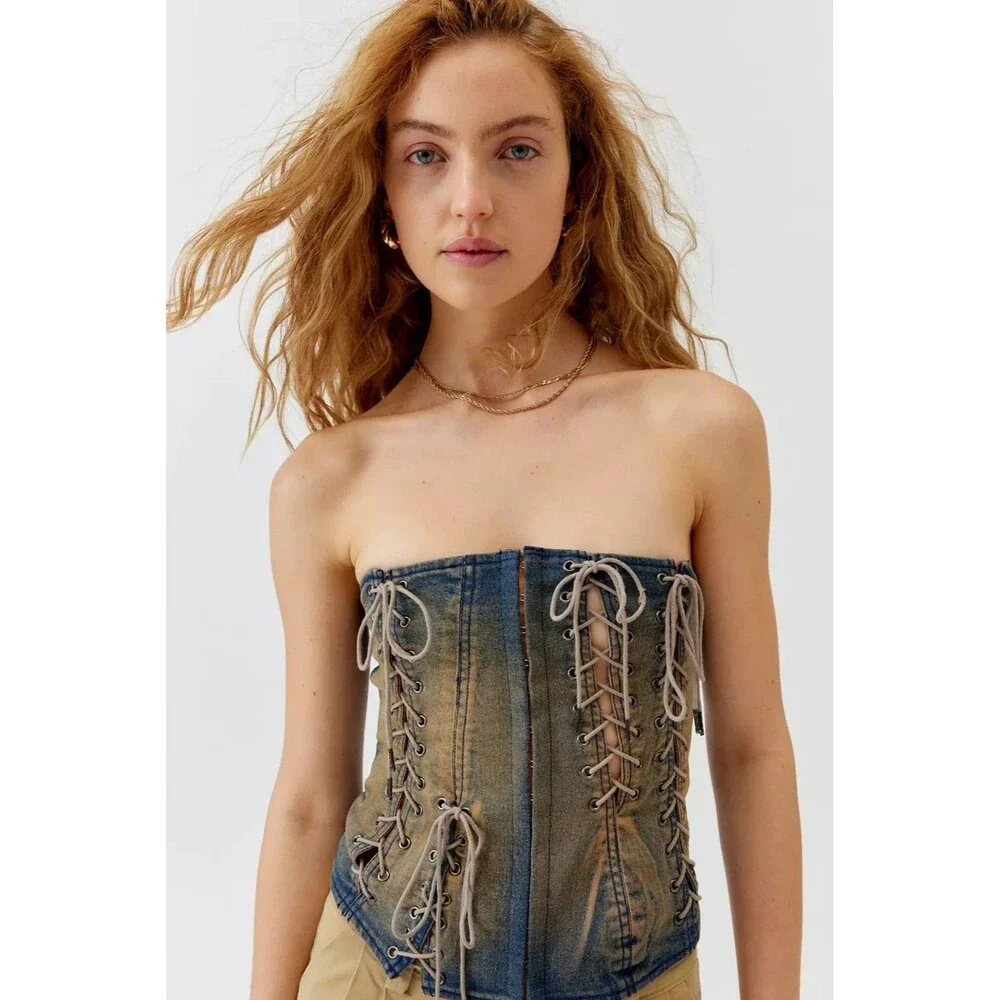 Urban Outfitters UO Leila Denim Lace-Up Tube Blouse Top Cropped Blue XS 289828